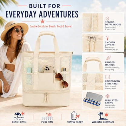 Bluboon Mesh Beach Tote Bag with Cooler Compartment Insulated Detachable Picnic Bag with Zipper and Pocket Pool Bag for Women - color: Solid Beige