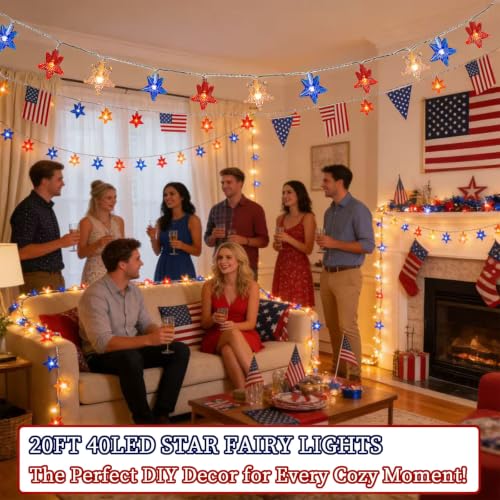 Red White Blue Patriotic String Lights 20FT 40 LED Star Fairy Lights USB and Battery Operated 2 Lighting Modes IP42 Waterproof Indoor Outdoor All Season Americana Decor for Bedroom Desk Patio Camping - style: 4th of July Lights