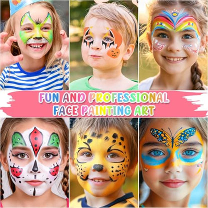 Professional Face Painting Kit, 26 Colors Oil Palette Face Paint with 6 Stencils, 41 Stencil Stickers, 10 Brushes, 9 Body Glitter, 2 Sheets Adhesive Gems, Rainbow Facepaint for Party & Halloween