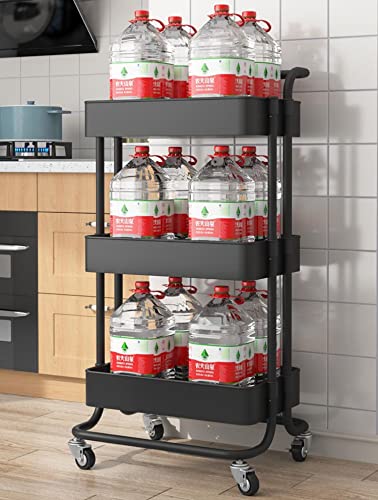 Sooyee 3 Tier Metal Utility Cart with Handle and Lockable Wheels, Black - color: Black, size: Wide 3 Tier 2
