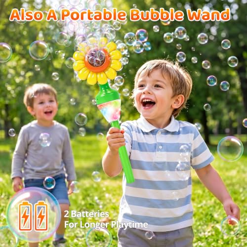 Yunaking Flower Bubble Machine Remote Control, 3 4 5 6 7 8 Year Kids Toys | 90° Bubble Blowing, Adjustable Height, With Music Light, 2 solutions, Boys Girls Christmas Gift, for Wedding Camping Party - color: Orange