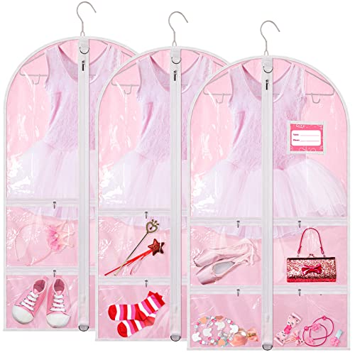 3 Pack Pink Dance Costume Garment Bag for dancers with 4 Zipper Pockets 38 x 22 Inch Kids Wardrobe Storage Bag Clear Window Garment Covers Recital Competition Bags for Girls Boys