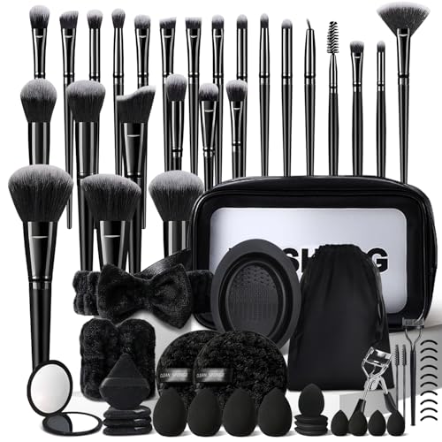 MZGGDM 64Pcs Black Makeup Brushes Set with Case Professional Foundation Powder Concealers Eyeshadow Contour Blush Makeup Brush Kits Travel Make up Brushes & Tools Eye and Face Makeup Kit - color: Black 105K
