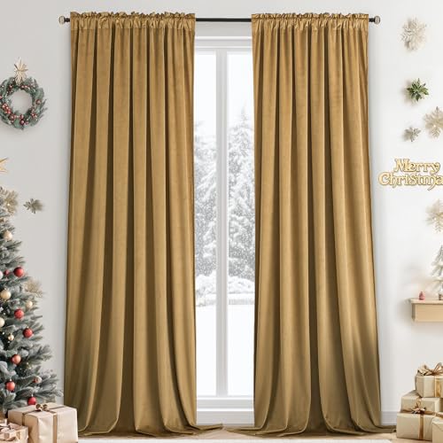 Yakamok Gold Brown Room Darkening Velvet Curtains 96 Inch Living Room | Luxury soft velvet, 2 panels 52x96 inch,bedroom study, window drapes rod pocket,light blocking,Thermal Insulated - color: Gold Brown, size: 52"W x 96"L (Pack of 2)