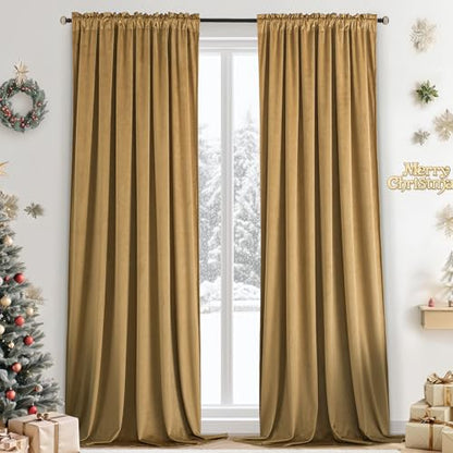 Yakamok Gold Brown Room Darkening Velvet Curtains 96 Inch Living Room | Luxury soft velvet, 2 panels 52x96 inch,bedroom study, window drapes rod pocket,light blocking,Thermal Insulated - color: Gold Brown, size: 52"W x 96"L (Pack of 2)