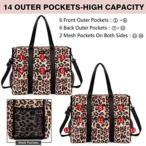 IBFUN Utility Tote Bag with 24 Pockets, Large Teacher Travel Tote for Women - color: C1-l-brown Leopard, size: Large