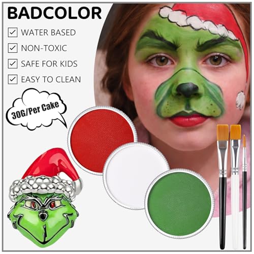 Green White Red Face Body Paint Set, Mexico Flag Face Painting Kit with Painting Brushes for Halloween, Water Based Face Paints for Xmas Elf, Grinch, Orcs, Day of the Dead Skull & Monster SFX Make-Up - color: Green+White+Red+3Pcs Brushes