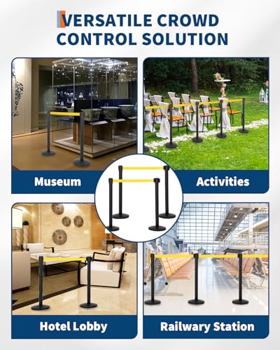 Commercial Retractable Belt Stanchion Set (2 Pack), Crowd Control Barrier with Heavy-Duty Metal Bases & 6.6ft Yellow Ropes, Carbon Steel Queue Post for Line Divider in Hotel, Theater and Concert - color: Yellow, size: 2 Pack