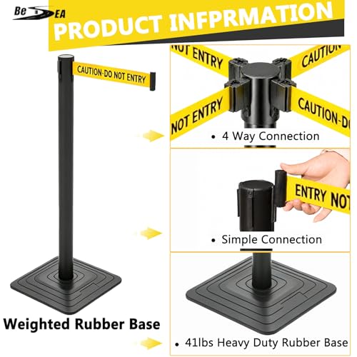 4 Pack Crowd Control Stanchions with 10FT Retractable Yellow Belt – 41" Black Queue Barriers with Heavy Rubber Base (Belt Printed “Caution-Do Not Enter”) for Hotel, Airport, Bank, Store, Event - color: CAUTION-DO NOT ENTER BELT
