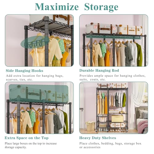 5 Tiers Wheel Portable Heavy Duty Garment Rack | Wire Adjustable Rolling Clothing Rack with Lockable Wheels & 2 Hanger Rods, Max Load 850LBS, Black - color: Black, size: A3W: 5 Tiers with 1 Rods,44.9"L x 16.5"W x 78.7"H