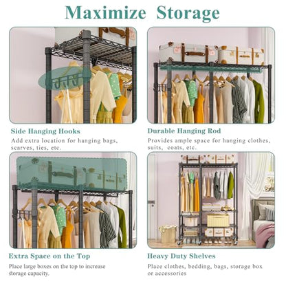 5 Tiers Wheel Portable Heavy Duty Garment Rack | Wire Adjustable Rolling Clothing Rack with Lockable Wheels & 2 Hanger Rods, Max Load 850LBS, Black - color: Black, size: A3W: 5 Tiers with 1 Rods,44.9"L x 16.5"W x 78.7"H
