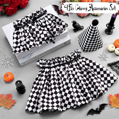 Clown Neck Ruffle Collar Cuffs Hat Set Detachable Halloween Clown Costume Accessories for Women - color: Black White Plaid
