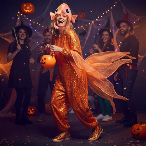 Halfchet Goldfish Halloween Funny Hat Costume Accessory Ocean Costume | 3D Goldfish with Soft Texture, Halloween Funny Hat Costume Accessory， Ocean Costume Sea Animal for Halloween Dress up - style: Goldfish