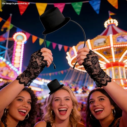 Mini Cowboy Top Hat Headband with Black Lace Gloves,Stylish Costume Accessory for Parties Weddings and Cosplay, Men and Women Black Top Hat Hairband Accessories