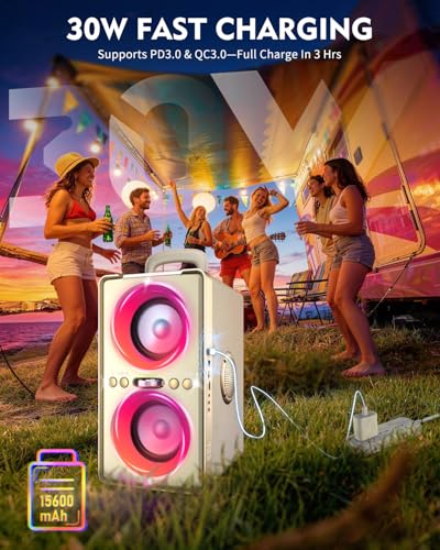 YIER Bluetooth Speaker, 240W Peak Loud Party Speaker with Big Bass, 20H Playtime, TWS, BT5.3, Large Portable Wireless Boom Box with LED Light for Outdoor Backyard Beach Home (Leather White) - color: Leather White