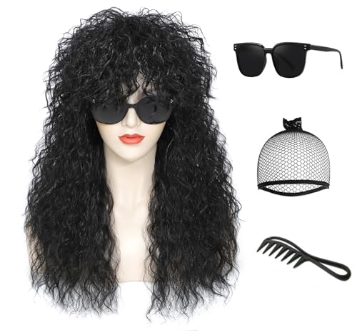 Adequate Women’s 80s Rocker Mullet Wig Halloween Costume Wig Long Curly Black Party Funny Wig (Black) - color: W-Black