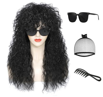 Adequate Women’s 80s Rocker Mullet Wig Halloween Costume Wig Long Curly Black Party Funny Wig (Black) - color: W-Black