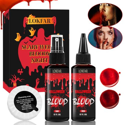 3PCS Halloween Fake Blood Makeup Kit, Fake Blood Spray 50ML + Dripping Blood 50ML + Cleansing Soap, Fake Blood Washable for Clothes Face Zombie Monster Vampire Cosplay SFX Makeup (Dark + Fresh) - color: Dark + Fresh (3PCS Kit)