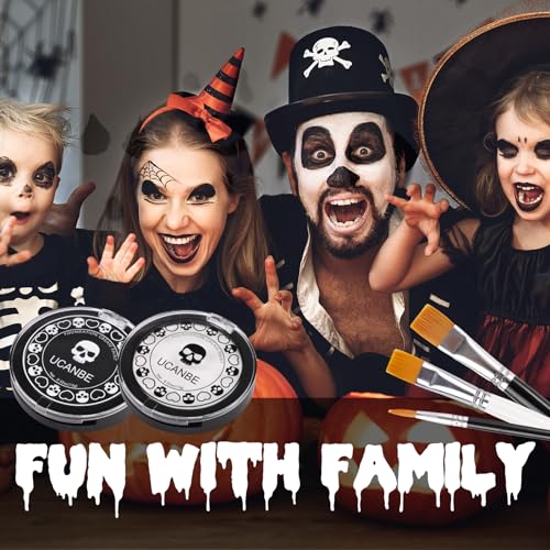 UCANBE Black White Face Body Paint with Painting Brush Kit, Cream-to-Powder Goth White Foundation + Black Greasepaint for Kids & Adult Halloween, SFX Makeup Set for Clown Skull Mime Cosplay & Costume - color: Black, White