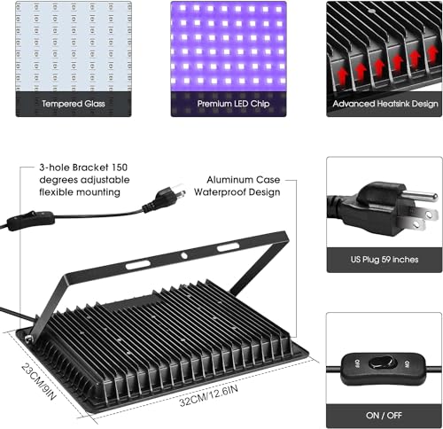 YANYCN 200W 2 Pack LED Black Light, Halloween Outdoor Blacklight Flood With Plug and Switch, IP66 Waterproof for Glow in The Dark, Party, Body Paint, Florescent, Aquarium - size: 2-Pack 200W