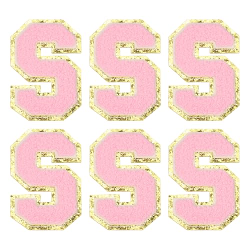 MECCANIXITY Chenille Letter Patches 3.1" Alphabet S Iron on Embroidered Patch Sew on Letter Stickers Applique for Repairing Clothing Jeans Shoes Hats DIY(Pink, Pack of 6) - style: Letter-S