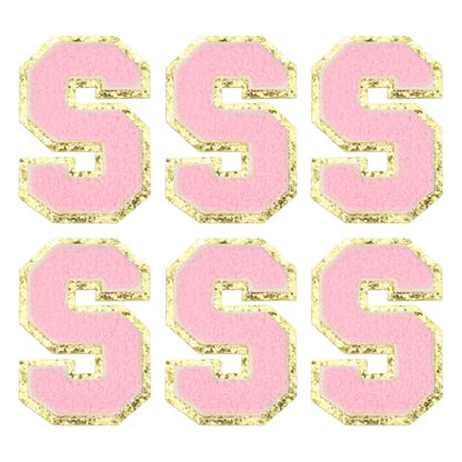 MECCANIXITY Chenille Letter Patches 3.1" Alphabet S Iron on Embroidered Patch Sew on Letter Stickers Applique for Repairing Clothing Jeans Shoes Hats DIY(Pink, Pack of 6) - style: Letter-S
