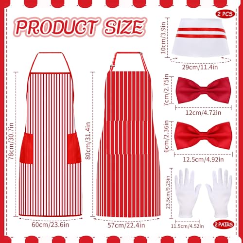 10 Pcs 1950s Waiter Costume Kit Including Chef Hat Apron Bow Tie Gloves for Cosplay Costume Circus Party(Adult Size) - color: Red Stripe B