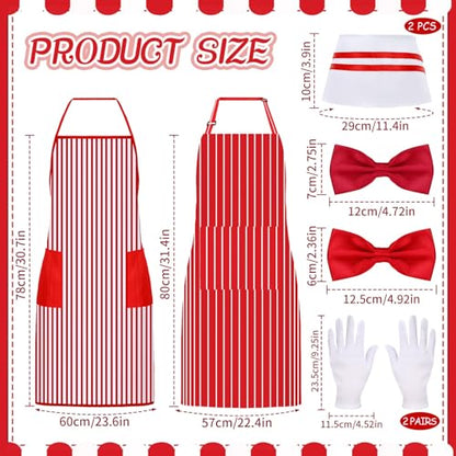 10 Pcs 1950s Waiter Costume Kit Including Chef Hat Apron Bow Tie Gloves for Cosplay Costume Circus Party(Adult Size) - color: Red Stripe B