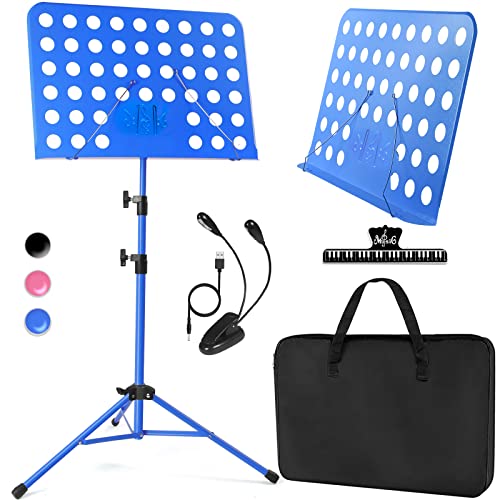 lotmusic Blue Music Stand, Portable Music Sheet Stand, Foldable and Height-Adjustable Music Stand with Bag, Sheet Music Clip, Light, Suitable for Playing Musical Instruments and Traveling Out - color: Blue Music stand