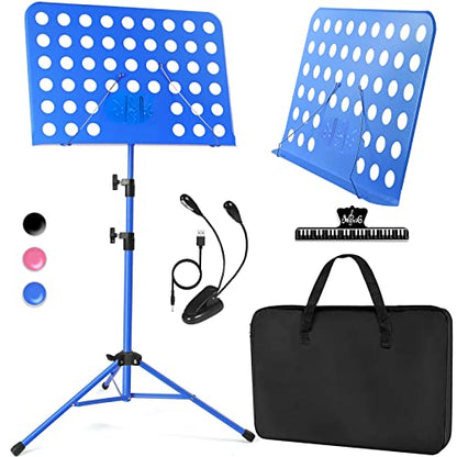 lotmusic Blue Music Stand, Portable Music Sheet Stand, Foldable and Height-Adjustable Music Stand with Bag, Sheet Music Clip, Light, Suitable for Playing Musical Instruments and Traveling Out - color: Blue Music stand