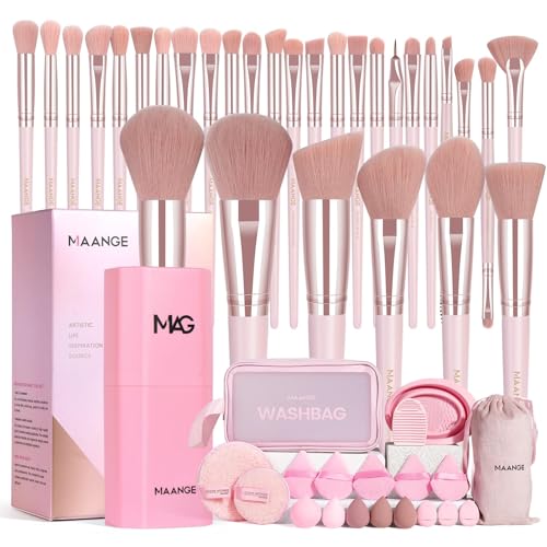 MAANGE Makeup Brush Set 51 PCS Professional Makeup Brushes for Foundation Powder Concealers Eye shadows Blending Blush Travel Make up Brush Kit (Pink) - color: Pink