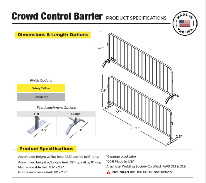 Safety Rail Co. Crowd Control Barrier — Galvanized, 8 ft Includes Bridge Feet — Made in USA