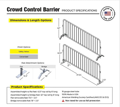Safety Rail Co. Crowd Control Barrier — Galvanized, 8 ft Includes Bridge Feet — Made in USA