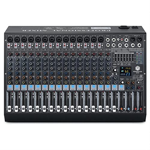 W IN-MIX DX16 Professional 16-Channel DJ Mixer with 99 DSP Effects, 7-Band EQ, 48V Phantom Power, Bluetooth & USB Recording for Live Performance, Studio, Podcast & Streaming