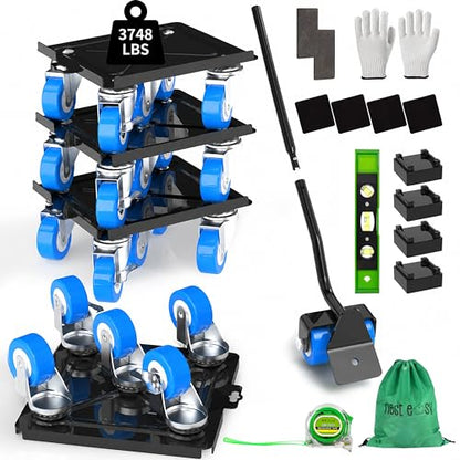 Heavy Duty Furniture Dolly 360 Rotate 5 Wheels 3400 Lbs Capacity 6.9x6.5 in | Upgraded Furniture Movers with Blue Wheels, Measure Tape & Leveler, Alloy Steel Furniture Lifter Tool for Home & Office Uses - color: Blue, size: 6.9x6.5 IN