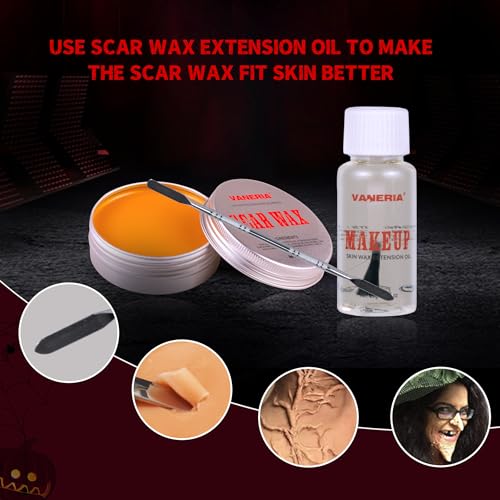 VANERIA Halloween Vampire Makeup Sfx Kit,Liquid Latex+Scar Wax+Fake Blood Capsules+Vampire Fangs+Scar Oil+Painting Brushe+Spatula+Stipple Sponge,Special Effects Makeup Kit Professional