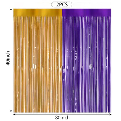 Ishua 2pcs Foil Fringe Curtains Purple and Gold, 3.3x6.6ft Tinsel Streamer Backdrops Foil Fringe Curtains for Birthday, Graduation Party(Gold and Purple) - color: Gold and Purple