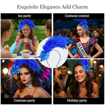 Loieryk Feathers Fascinator Headband 1920s Queen Headpiece Fascinators Hats for Women Tea Party Flower Headpiece - color: Blue
