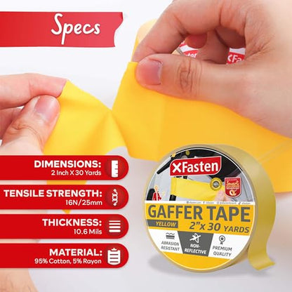 XFasten Yellow Gaffers Tape 5.1cm(2인치) x 30야드, 케이블 관리 개퍼 테이프, 실내, 실외 응용 분야에 이상적, 사진, 음악, 영화, 이벤트를 위한 무반사 매트 개핑 - color: 옐로우, size: 2 inch x 30 yards