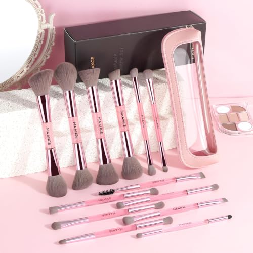 MAANGE 13 Pcs Foundation Makeup Brush Set With Bag, Make up Brushes, Double-End Multi Functional Makeup Brushes, Professional Face Brush Set Tools For Liquid Powder Concealer Cream Blush (Pink) - color: Pink