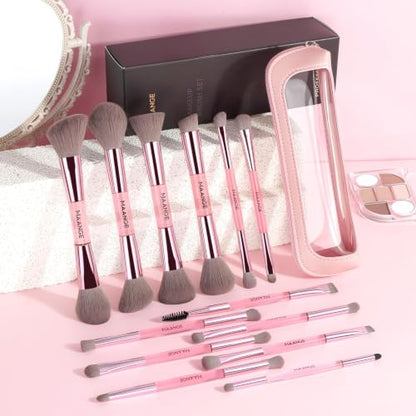 MAANGE 13 Pcs Foundation Makeup Brush Set With Bag, Make up Brushes, Double-End Multi Functional Makeup Brushes, Professional Face Brush Set Tools For Liquid Powder Concealer Cream Blush (Pink) - color: Pink