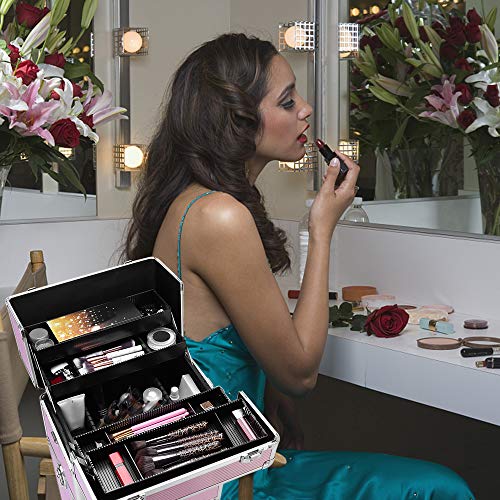 mefeir 3 in 1 Rolling Makeup Train Case, Large Cosmetic Trolley with 360° Rotation Wheels & 2 Drawers, Professional for Makeup & Tattoo Artist & Hairstylist - color: Pink