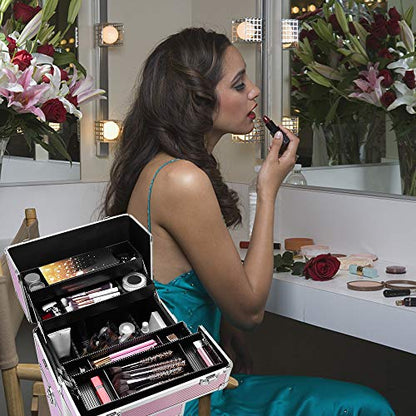 mefeir 3 in 1 Rolling Makeup Train Case, Large Cosmetic Trolley with 360° Rotation Wheels & 2 Drawers, Professional for Makeup & Tattoo Artist & Hairstylist - color: Pink