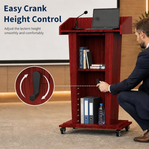 MOOFI Height Adjustable Wooden Podium Lectern with Wheels, Mobile Rolling Presentation Stand with Storage Shelves, Teacher Podium for Classroom, Church, Office and Conference Room (Cherry) - color: Cherry