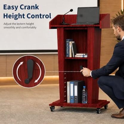 MOOFI Height Adjustable Wooden Podium Lectern with Wheels, Mobile Rolling Presentation Stand with Storage Shelves, Teacher Podium for Classroom, Church, Office and Conference Room (Cherry) - color: Cherry