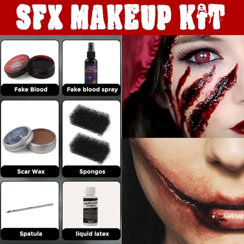 Halloween Fake Blood SFX Makeup Kit – 7PCS Special Effects Set with Fake Blood Spray, Liquid Latex+Scar Wax+Fake Blood Gel+Spatula Tool & 2 Stipple Sponges – Vampire Zombie Makeup Kit for Face & Body - color: # 7PCS SFX Makeup Kit