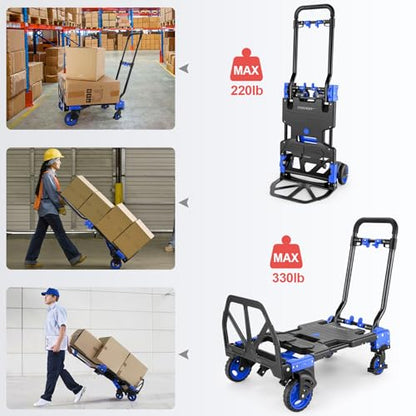 Folding Hand Truck Dolly,330lb Cart+1 Folding Basket,4to2 Wheel Moving Blue | Dolly Cart with Retractable, Aluminum Alloy & Cast Iron Build, Nylon Wheels,Compact Fold,for Moving,Office,Delivery,Outdoor - size: 330LB Blue-B