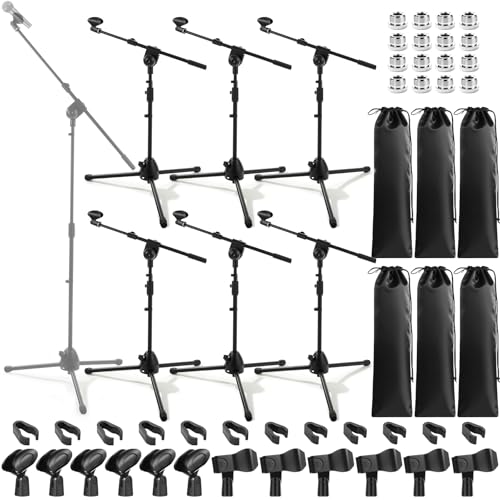 Relaxweex 6 Pcs Universal Mic Stand Floor Tripod Boom Arm Microphone Stand Height Adjustable from 34 to 90.5 with Carry Bag and 12 Mic Clips for Singing Stage Wedding Karaoke Church Performance