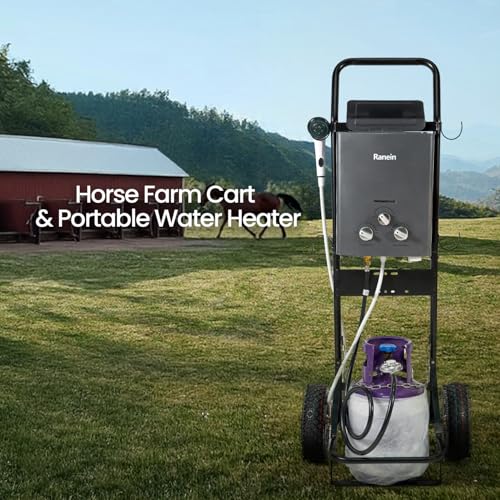 Ranein Dolly Cart for Portable Tankless Water Heater | Water heater dolly cart, steel frame, 10-inch wheels, foldable, holds 20lb propane tank, portable, for RO4K RO5K RO8K RO11K