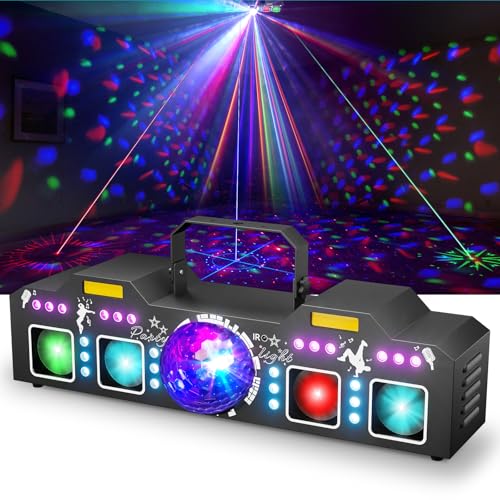 DJ Lights for Parties, Pro 8 in 1 DMX512 Laser Light Show with Disco Ball Light, RGB and Gold Strobe,UV Black Lights-Sound Activated LED Lighting for Home, Karaoke, Clubs, Gigs, and DJ Lighting
